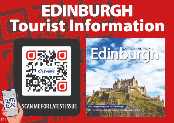 QR Code su un poster di informazioni turistiche di Edimburgo che dà accesso all'ultima versione di Downtown CityMaps attraverso una scansione.