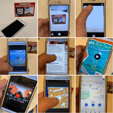 Una persona scansiona il QR Code di Downtown CityMaps di Edimburgo e guarda le informazioni disponibili sulla guida dal suo cellulare.