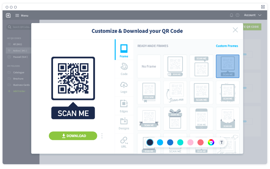 Nella pagina di design del codice QR, seleziona la cornice