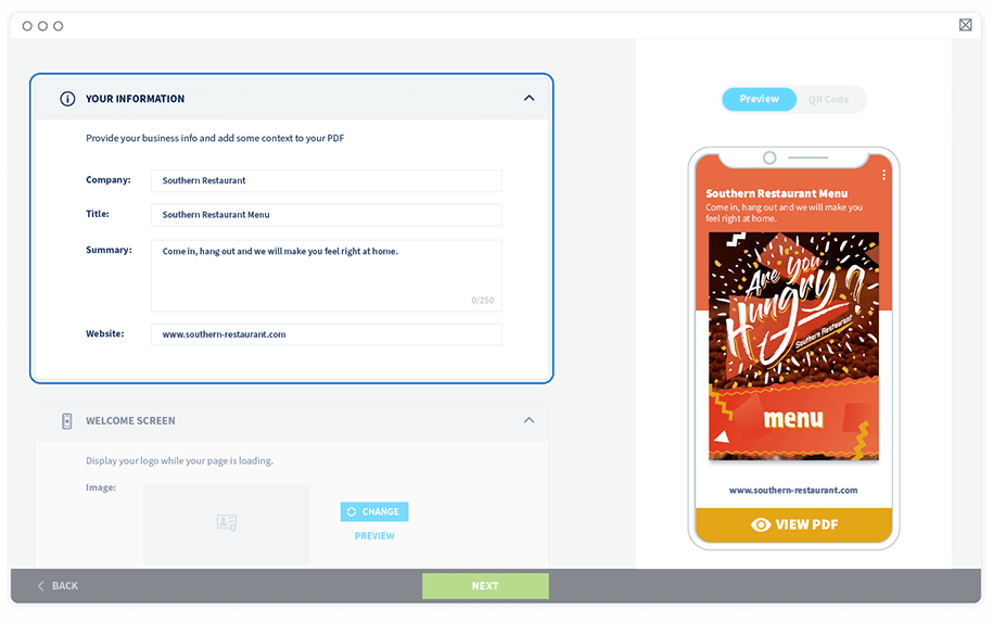 Inserisci le informazioni di base sulla landing page del tuo QR Code PDF