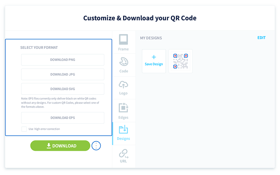 Scegli il formato in cui vuoi scaricare il QR Code
