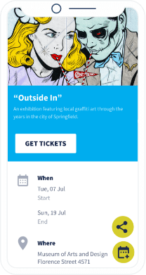 Una landing page del QR Code che contiene informazioni dettagliate su un evento con un tasto per salvarlo nel calendario del cellulare.