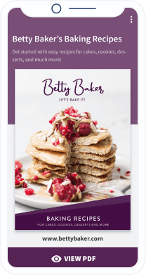 Una schermata mobile con lo sfondo viola, una pila di pancakes e un link a un PDF di ricette.