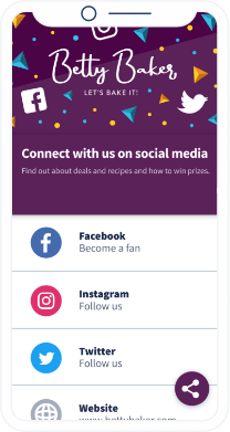 Una pagina di destinazione con codice QR che mostra più canali di social media e l'URL del sito web di un marchio alimentare.