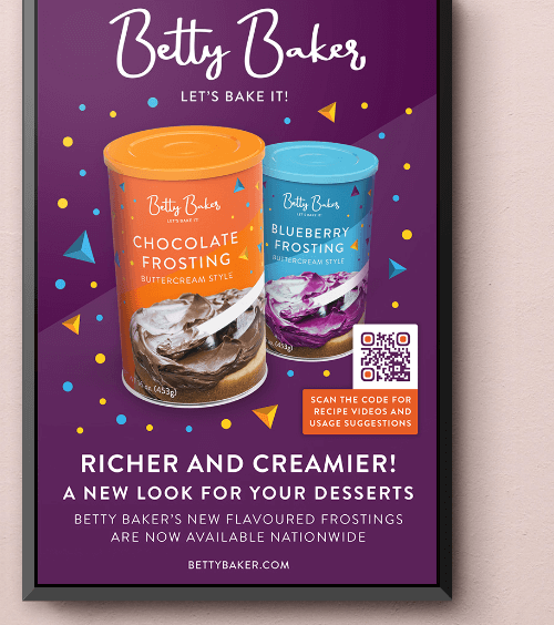 Un poster che pubblicizza un prodotto alimentare con un QR Code che, una volta scansionato, mostra una playlist di video di ricette.
