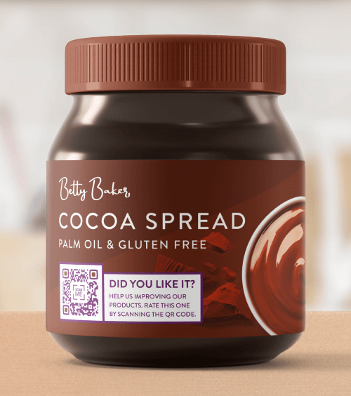 Una confezione di crema spalmabile al cacao con un'etichetta marrone e scritte bianche, su cui è stampato un QR Code Valutazione.