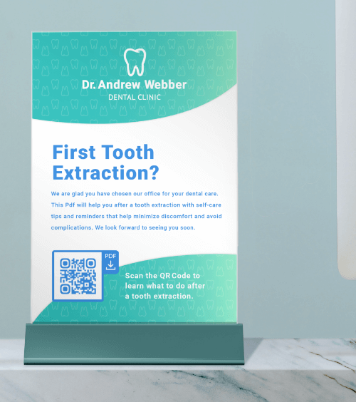 Espositore da tavolo con informazioni sull'estrazione del primo dente, incluso un QR Code con una cornice personalizzata