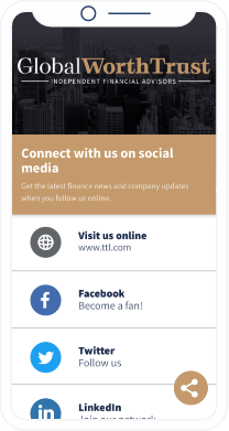 Landing page del QR Code che elenca tutti i canali social di una società di consulenza finanziaria.