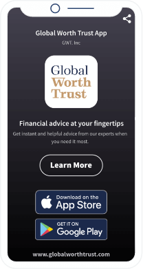 Landing page del QR Code che permette di scaricare un'applicazione di una società di consulenza finanziaria da Apple App Store e Google Play Store.