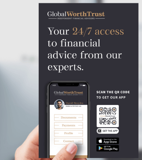 Un volantino che promuove la nuova applicazione di una società di consulenza finanziaria con un QR Code.