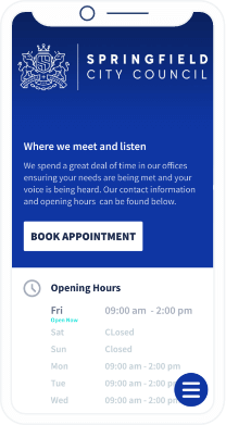 Una landing page di un QR Code che contiene informazioni quali orari di apertura, informazioni di contatto, URL del sito web e social network di un ufficio governativo.