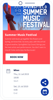 Una landing page del QR Code che mostra i dettagli dell'evento di una città con un tasto per salvare le informazioni nel calendario del cellulare.