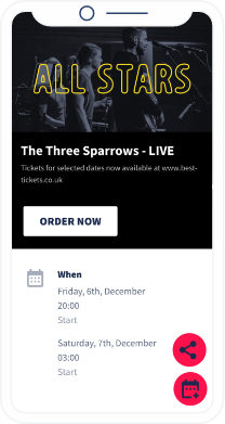 Una landing page del QR Code con informazioni dettagliate sui tour e i concerti di una band.