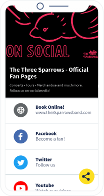 Una landing page del QR Code che mostra i canali social di una band.
