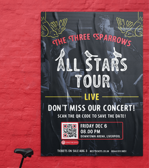 Un poster che annuncia il concerto di una band con un QR Code che contiene informazioni dettagliate sull'evento.