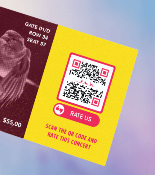 Un biglietto per il concerto di una band con un QR Code che permette di lasciare un feedback dopo l'evento.