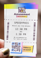 QR Code on an amusement park ticket prompting people to scan and follow their social.