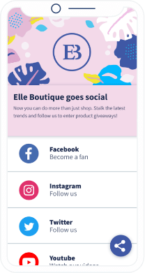 Una landing page del QR Code che mostra tutti i canali social di un negozio.