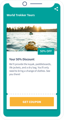 Una landing page che mostra un coupon sconto del 50% sul corso per principianti di kayak fluviale