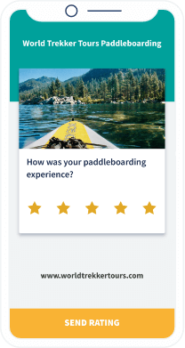 Una landing page personalizzata per valutare l'esperienza di paddleboarding del World Trekker Tours con un'opzione per valutare da 1 a 5 stelle