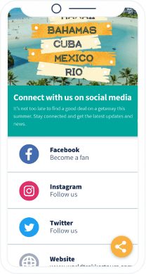 Una landing page personalizzata del World Trekker Tours che mostra i pulsanti 
