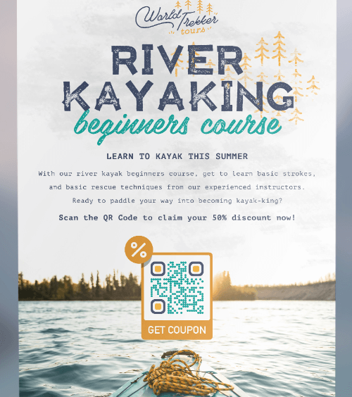 Un volantino del corso di kayak fluviale per principianti con un QR Code che dà un coupon sconto del 50% quando viene scansionato