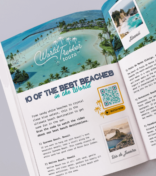 Un articolo di rivista con un QR Code che permette ai lettori di scansionarlo per vedere i video delle 10 spiagge più belle del mondo