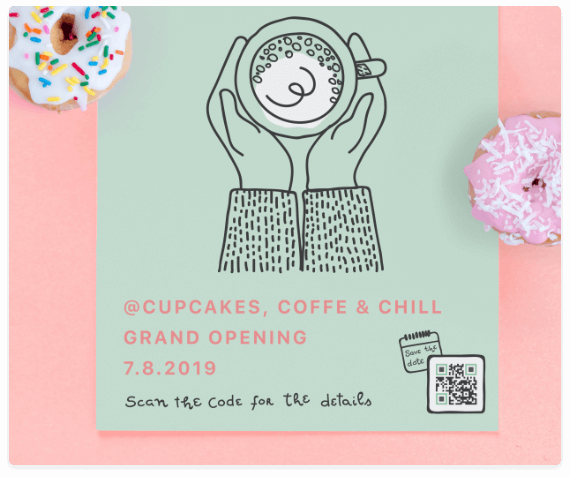 Flyer con l'annuncio dell'apertura di una caffetteria con un QR Code che contiene i dettagli dell'evento che possono essere salvati direttamente sullo smartphone.