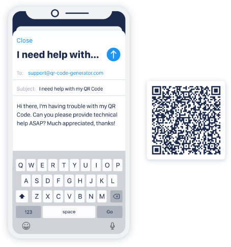Esempio di un QR Code Email con un testo predefinito per ottenere aiuto dal servizio clienti.