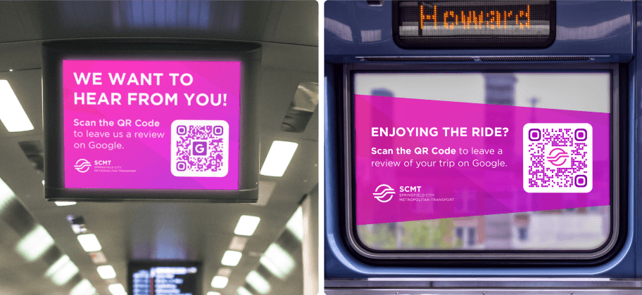 Un annuncio su un mezzo di trasporto pubblico con un codice QR che consente di lasciare una recensione su Google.