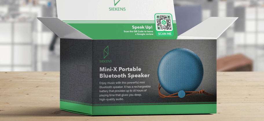 La confezione di un altoparlante bluetooth che include un QR Code Profilo dell'attività.