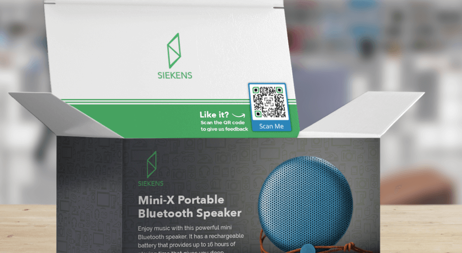 La confezione di un altoparlante bluetooth che include un QR Code Feedback.